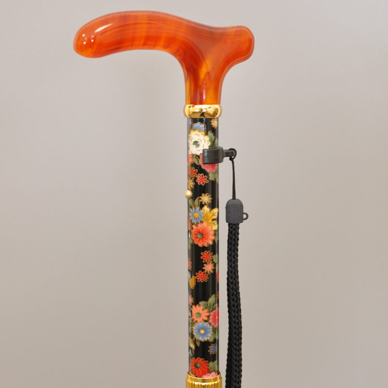 日本布包覆花色折疊拐杖/黑色底小紅花/手工琥珀壓克力握把 【1001.107.DAU】 日本布包覆花色折疊拐杖