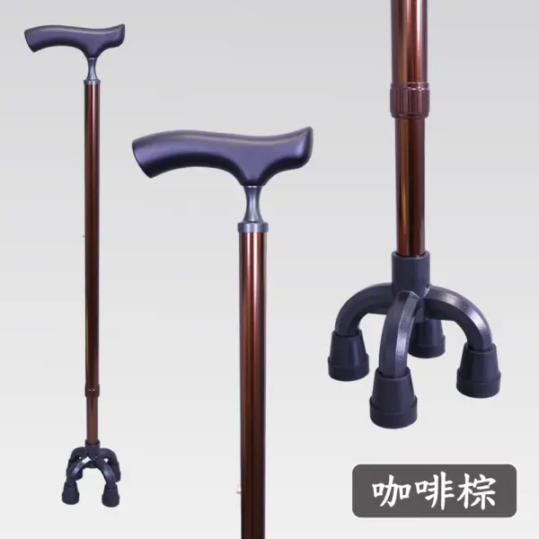 咖啡色細頸實木握把站立手杖|奧斯汀小四腳底座自立拐杖