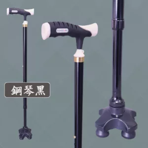 雙色握把站立拐杖|自立式老人手杖|四腳拐助行器/黑晶崗底座腳墊 拐杖顏色鋼琴黑色
