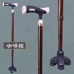 雙色握把站立拐杖|自立式老人手杖|四腳拐助行器/黑晶崗底座腳墊 拐杖顏色亮面咖啡棕色