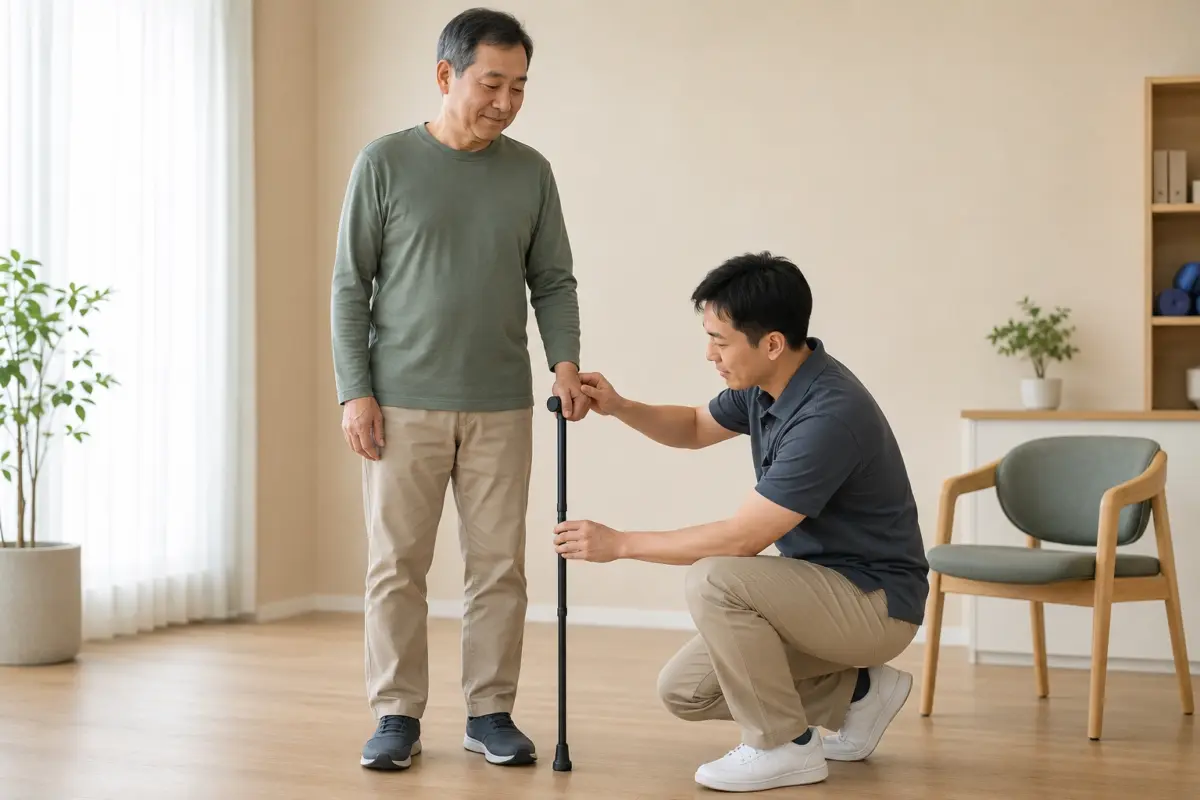 術後手杖使用指南 物理治療師將術後使用手杖的握把調整至使用者手腕高度