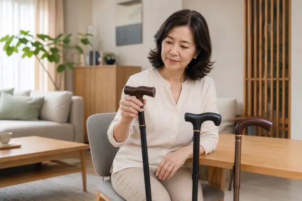 熟齡女性在家中比較不同手杖握把，評估適合手部不適的握持方式