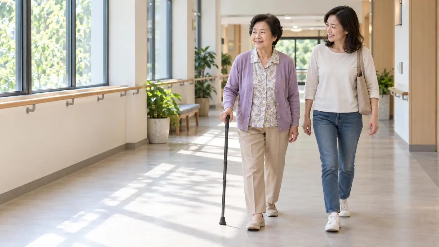 拐杖高度複查 女兒盧靜慧在平坦走廊陪伴持拐杖站立的母親