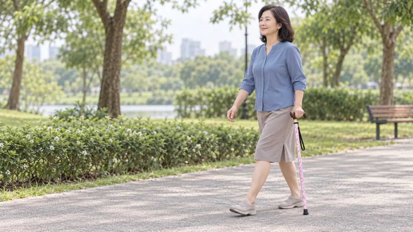 拐杖與走路姿勢 熟齡女性使用HOHOCANE粉色花紋折疊手杖在公園自然行走