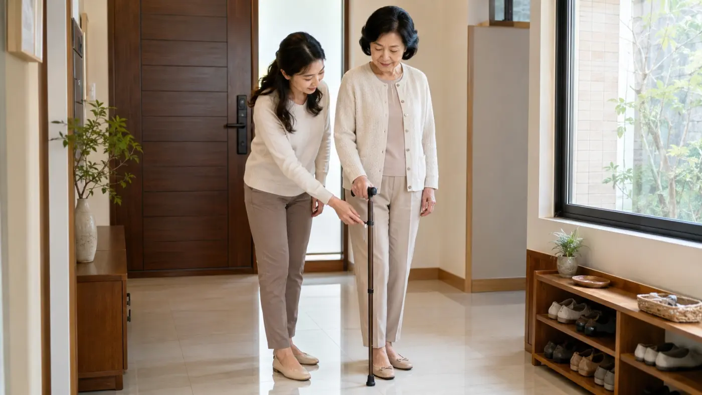 家人如何陪長輩使用拐杖? 女兒在出門前陪母親檢查拐杖高度與固定結構