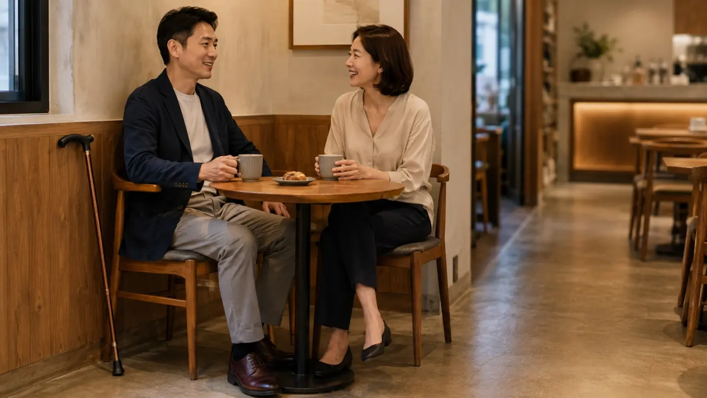 如何在公共場合自信地使用拐杖 男性手杖使用者在咖啡廳與朋友自然交談,手杖安全放置身旁