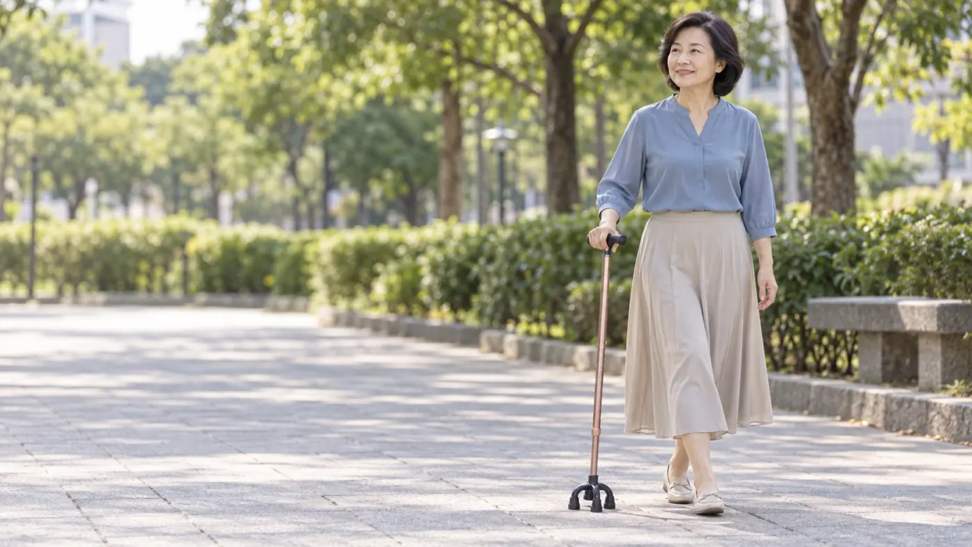 使用拐杖之後的改善評估 熟齡女性使用 HOHOCANE 小四腳站立拐杖在公園穩定步行
