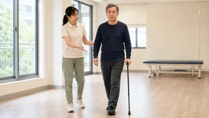 物理治療師陪伴熟齡男性練習使用單支手杖並評估行走穩定性