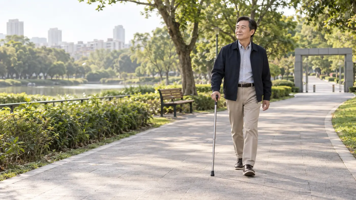 拐杖散步地點挑選指南 熟齡男士拄著 HOHOCANE 風格手杖行走於平坦公園步道