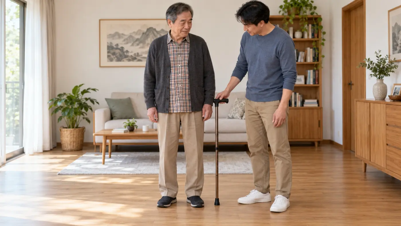 拐杖高度複查 家人協助自然站立的男士比對手腕與拐杖握把位置