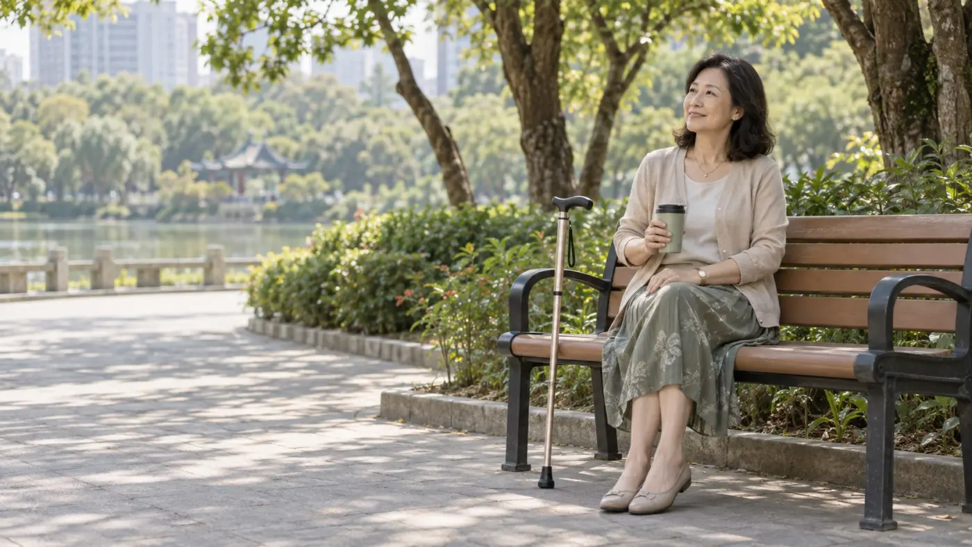 拐杖散步地點挑選指南 手杖使用者在設有靠背與扶手的公園座椅休息