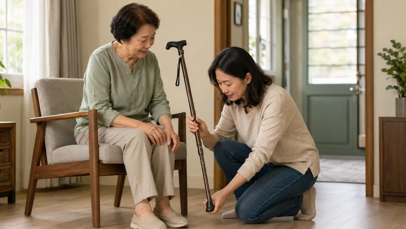 重陽節送長輩手杖 女兒盧靜慧在家中協助母親檢查手杖腳墊與杖身狀況