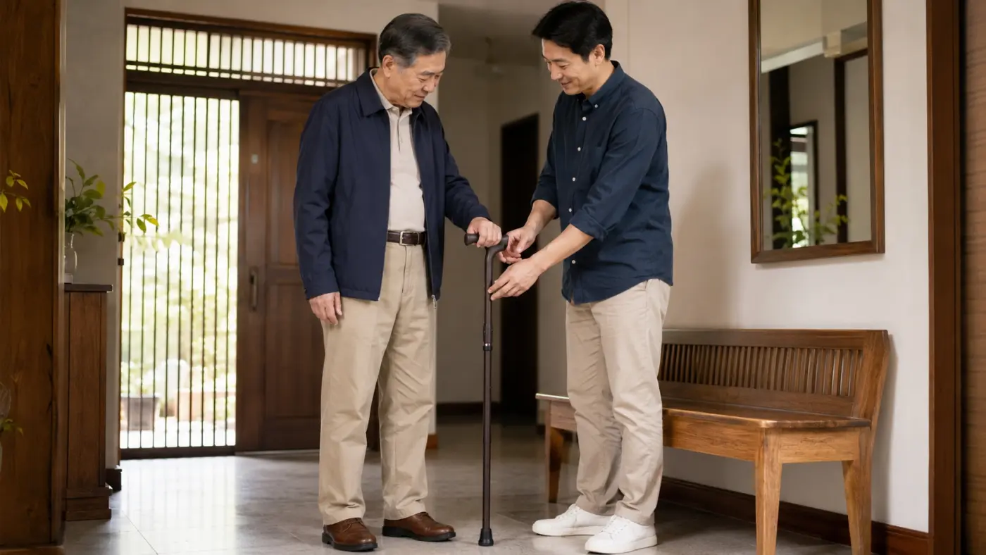 重陽節送長輩手杖 成年兒子陪父親在家中共同確認手杖握把與高度