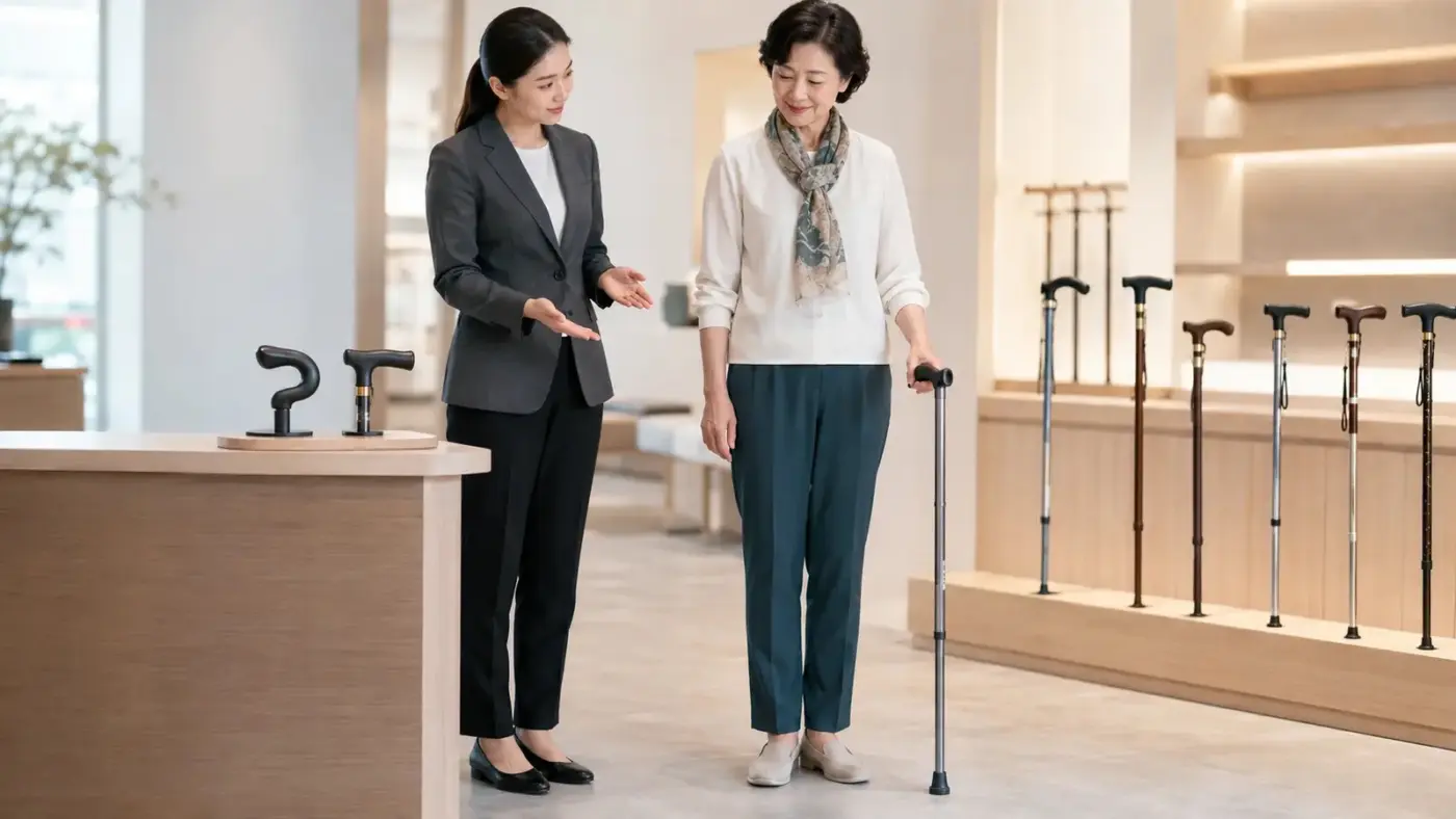 熟齡女性在展示空間確認左手人體工學手杖握把是否合手