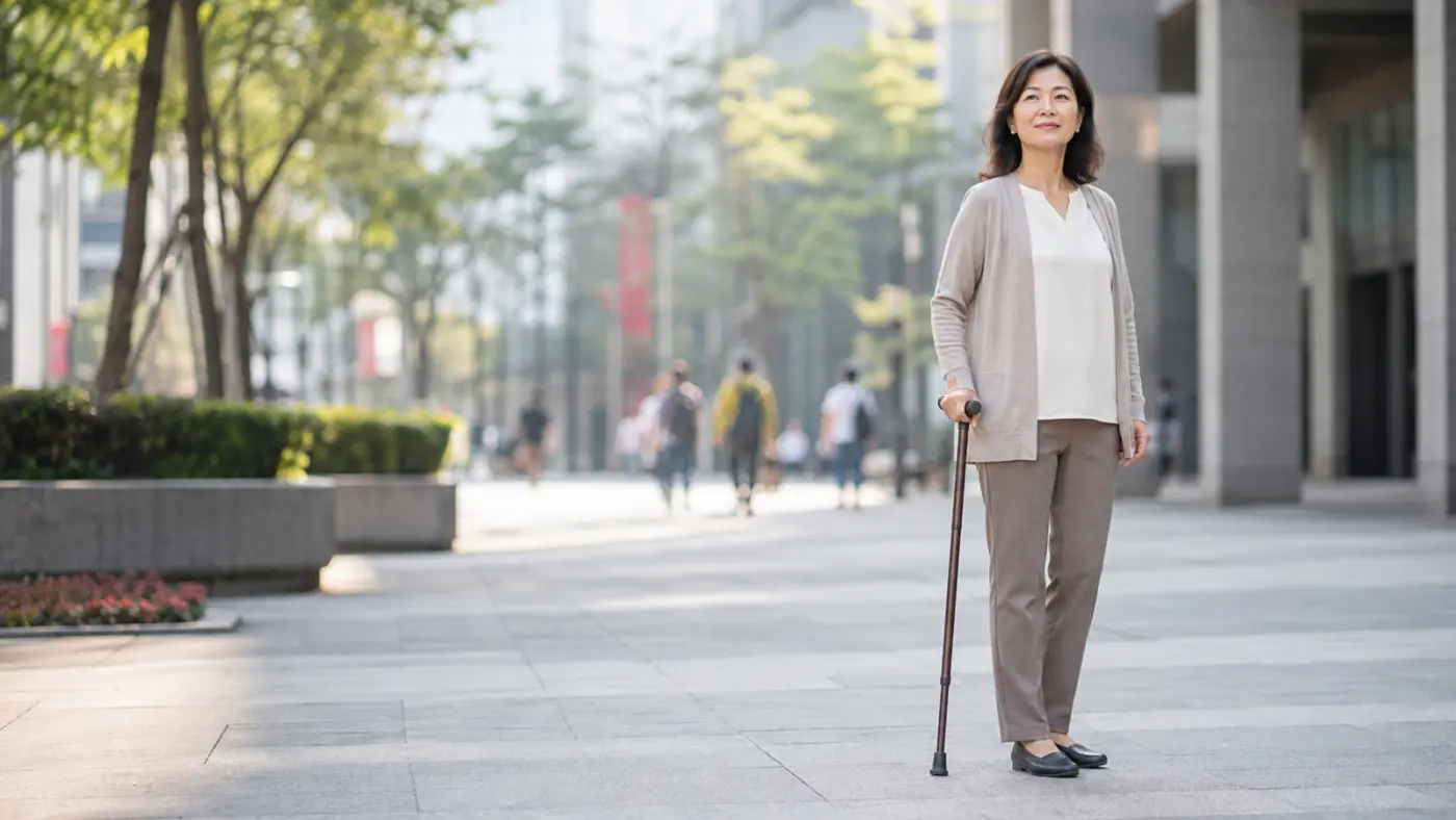 如何在公共場合自信地使用拐杖 成人女性在都市公共空間自信且自然地使用手杖
