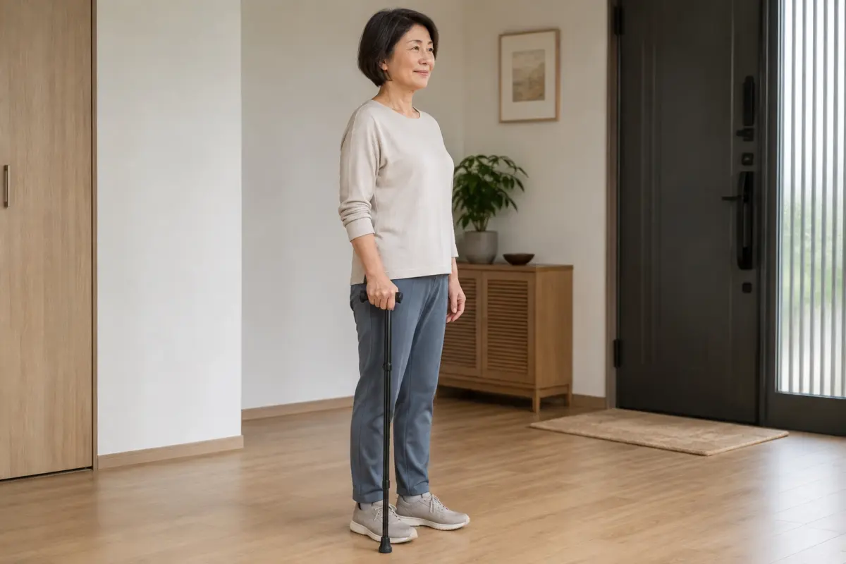 關節炎手杖握把怎麼選? 熟齡女性將手杖握把調整至手腕摺痕附近,手肘保持自然微彎