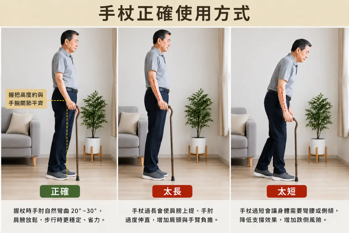 手杖怎麼選? 正確手杖高度示範,握把與手腕關節平齊並比較手杖太長與太短的差異