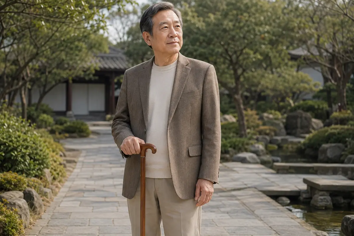 手杖握把怎麼選? 65歲男士在庭園使用木製握把手杖,呈現經典彎柄造型