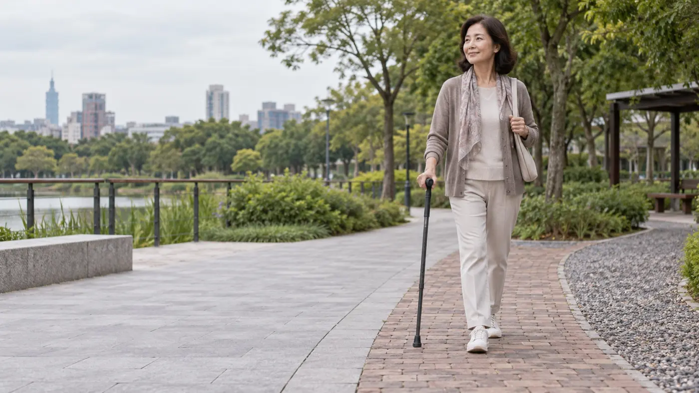 不同路面會怎麼影響拐杖? 熟齡女性持拐杖行走於石材、磚面與碎石交界的公園步道