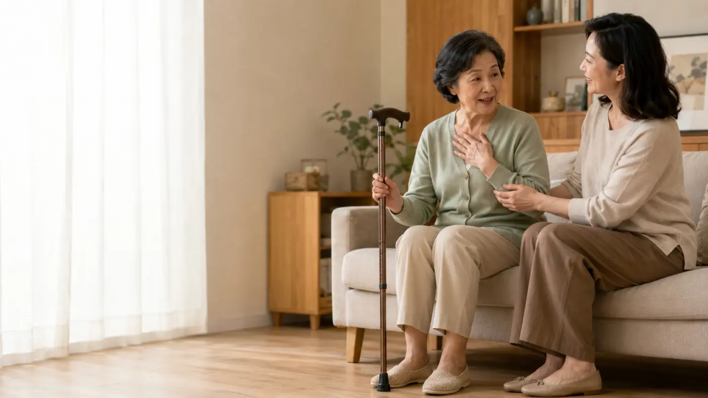 重陽節送長輩手杖 重陽節期間,女兒盧靜慧在家陪母親了解新手杖