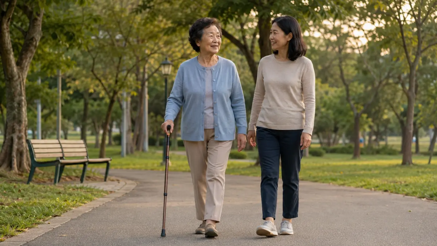 重陽節送長輩手杖 女兒盧靜慧陪使用手杖的母親在平坦公園步道散步