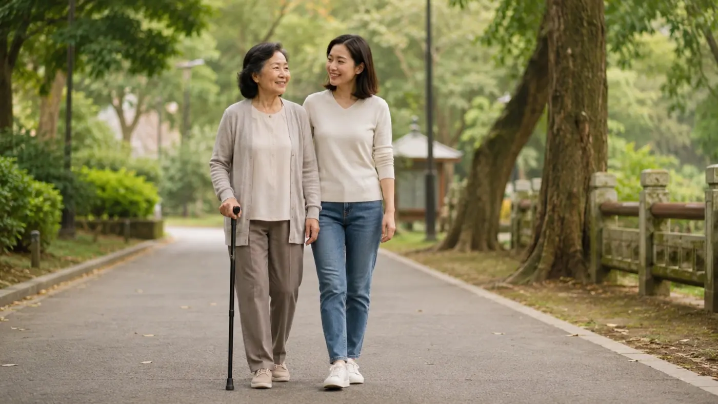 家人如何陪長輩使用拐杖? 成年女兒在平坦公園步道陪伴母親使用拐杖行走