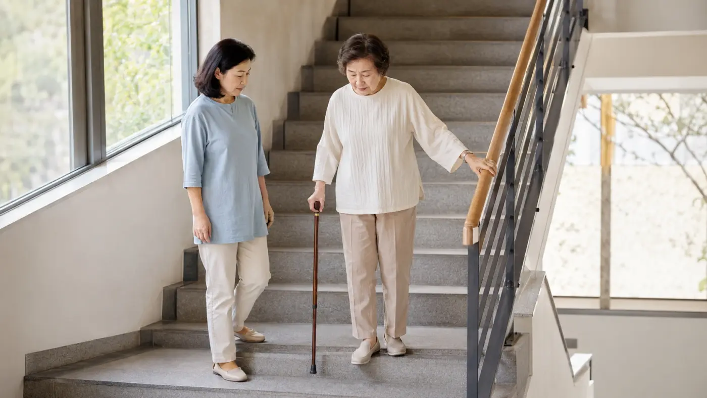 家人如何陪長輩使用拐杖? 家人在樓梯旁陪伴長輩使用扶手與拐杖確認腳步