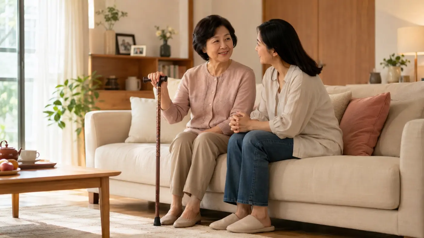 什麼時候該開始使用拐杖? 女兒與母親在家中溫和討論拐杖使用,尊重長輩的生活選擇與感受