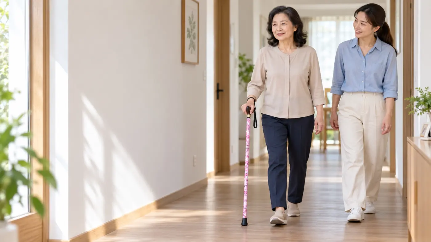 拐杖與走路姿勢 女兒在明亮居家走道陪伴母親使用HOHOCANE花紋折疊手杖行走