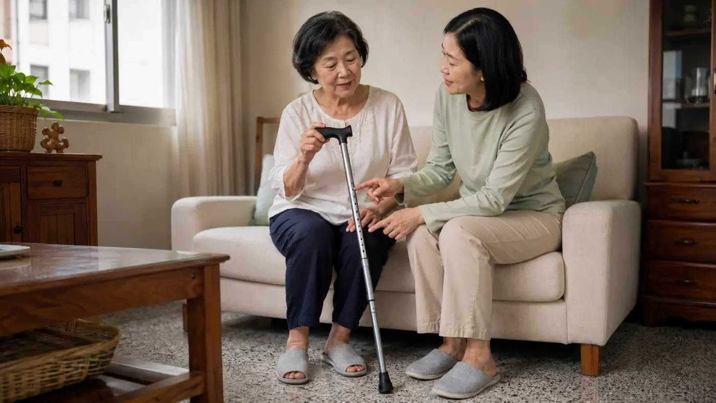 成年子女為節儉的長輩準備可調高度手杖，並一起確認握把與外觀