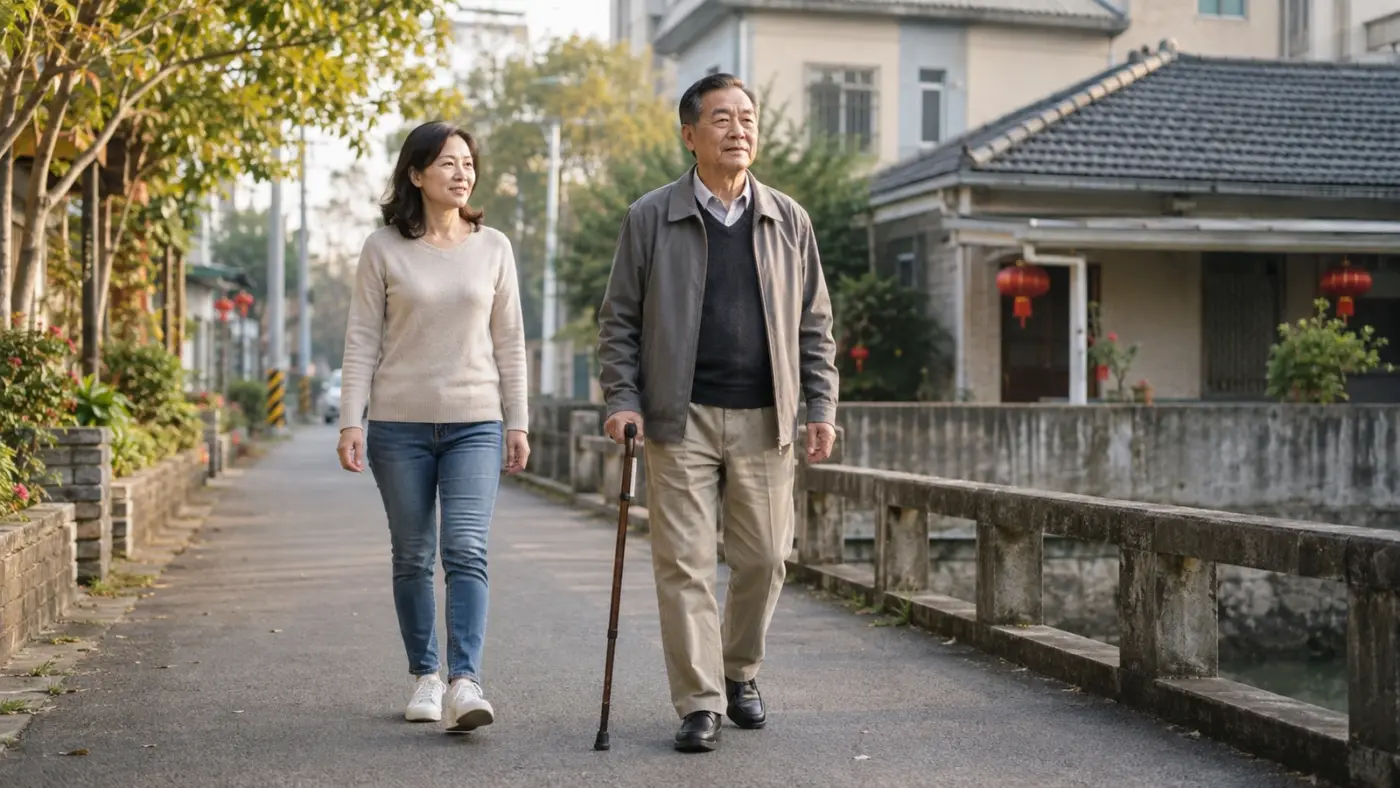 過年送長輩拐杖 父親正確使用手杖與女兒盧靜慧在住家附近散步