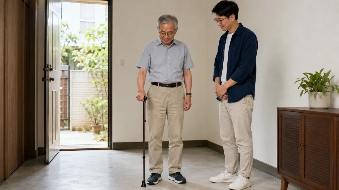 台灣父親穿著日常鞋站立試握可調高度手杖