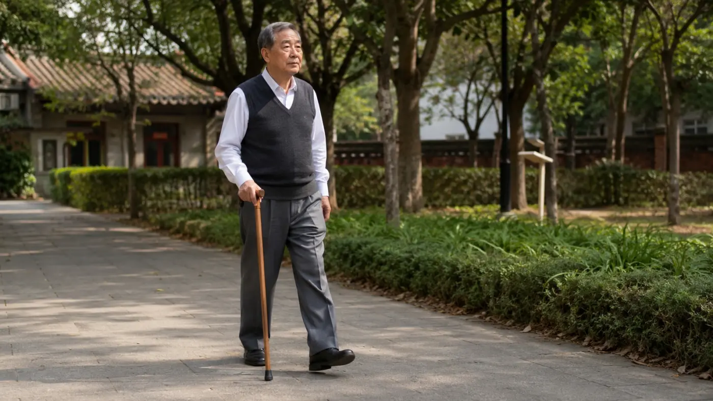 台灣父親穿半正式服裝在平坦步道自然使用木製手杖