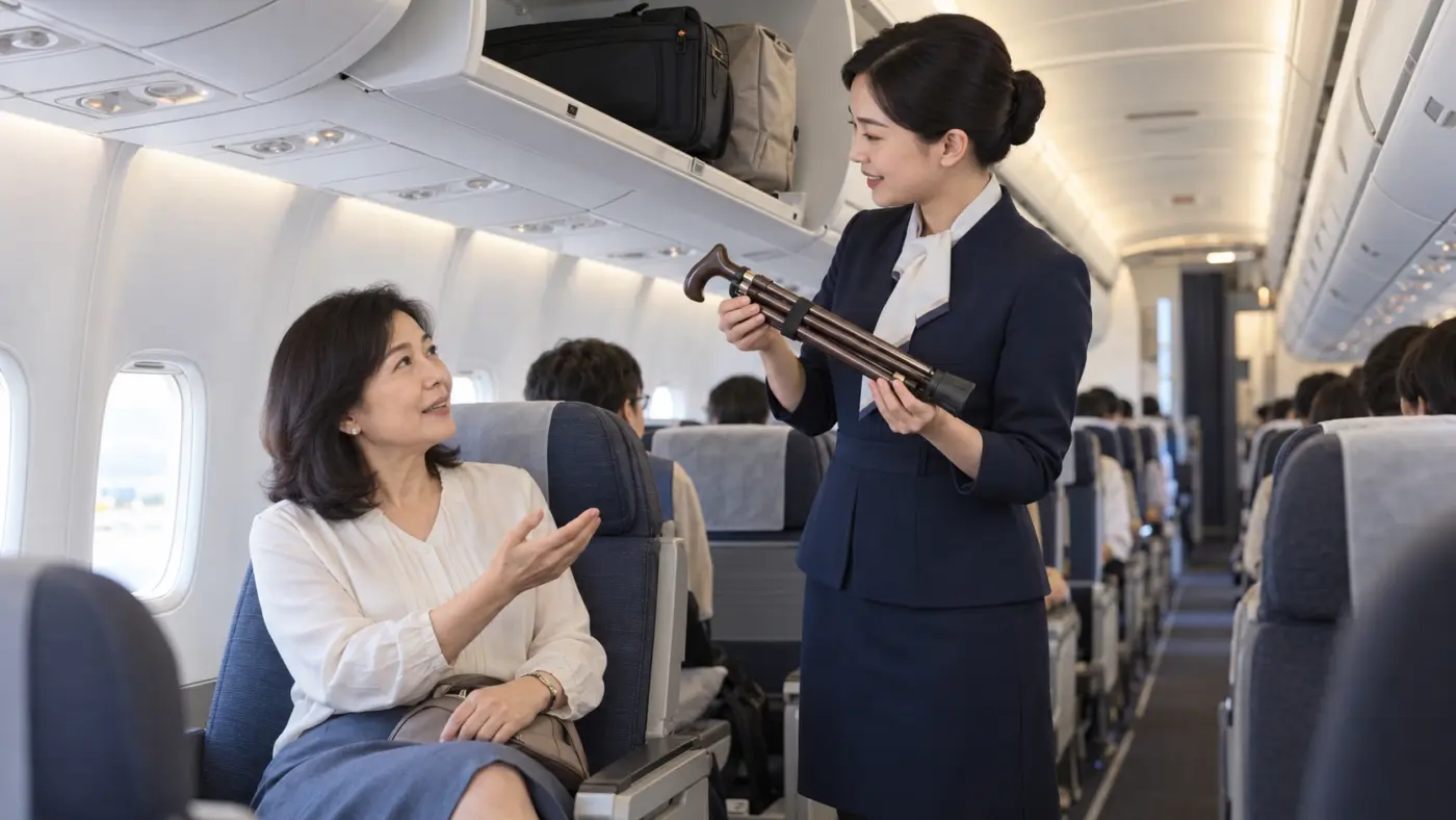 拐杖搭飛機指南 已就座的旅客與美麗的空姐盧靜慧確認折疊手杖的收納方式