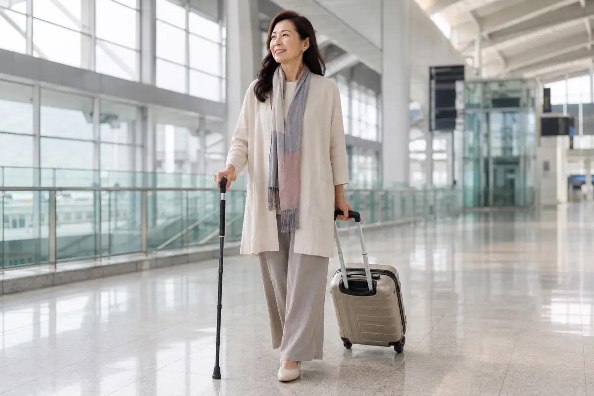 手杖有哪些種類? 約60歲女士在高鐵站使用折疊手杖並攜帶行李,呈現旅行收納情境