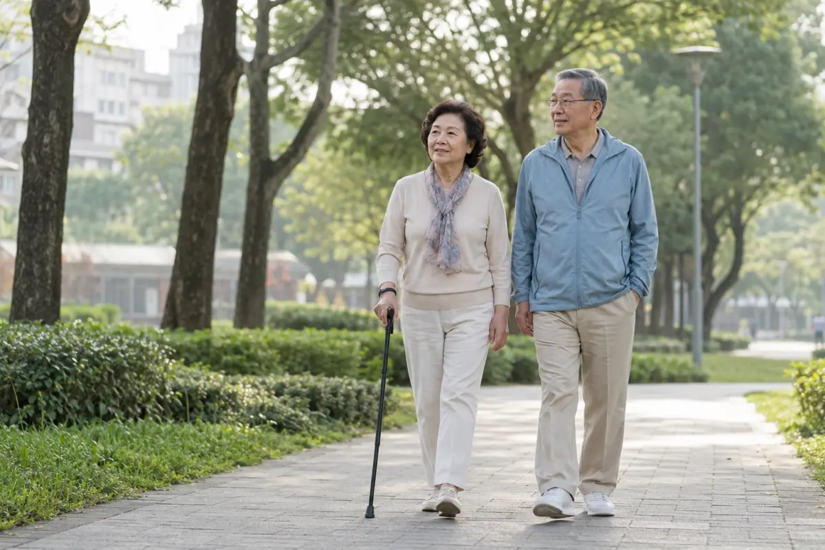 高齡夫妻在步道散步並維持健康行動能力