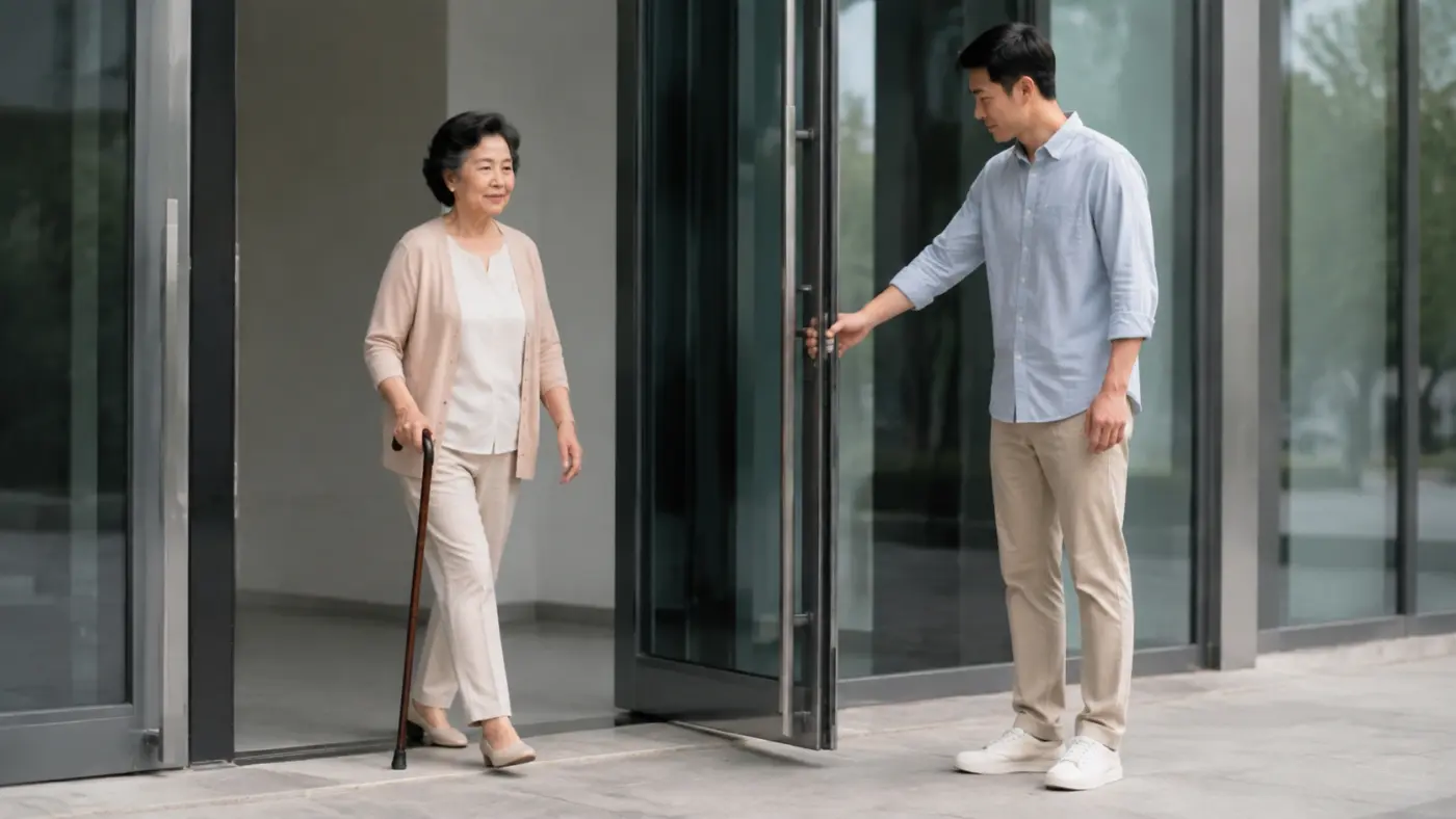 家人如何陪長輩使用拐杖? 兒子扶住門片並讓母親使用拐杖依自己的速度通過門檻