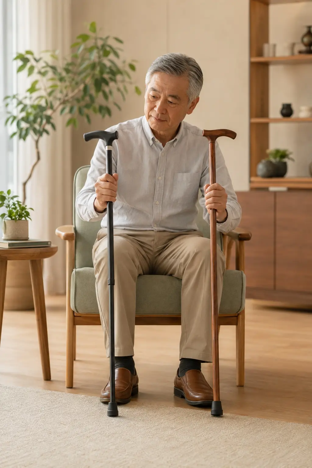 熟齡使用者比較鋁合金手杖與木製手杖，思考如何選擇適合自己的手杖