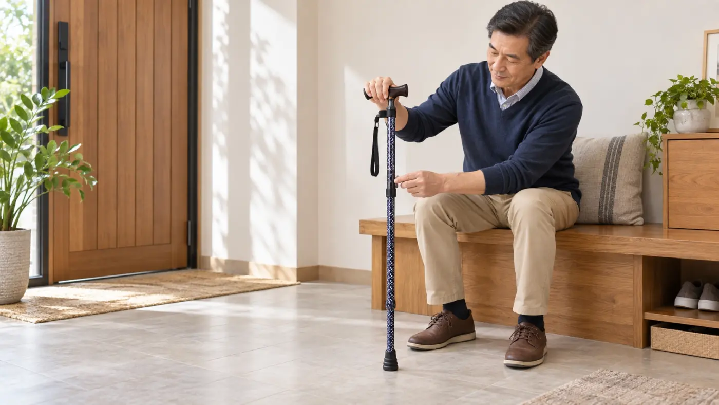 拐杖多久要換一次? 男子檢查伸縮拐杖的高度定位按鈕與緊箍螺帽
