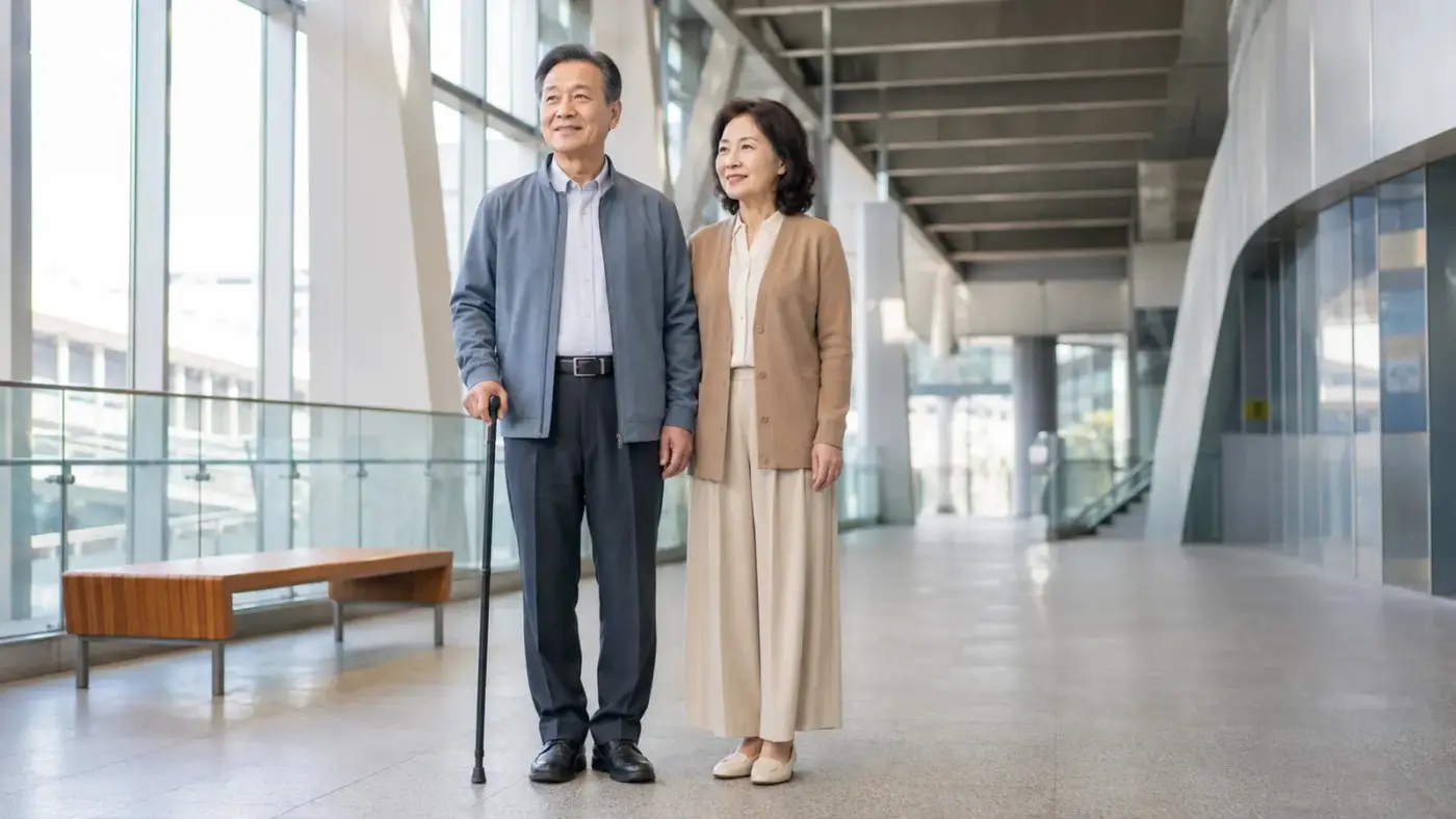 左腳需要支撐的熟齡男性以右手持手杖與伴侶外出