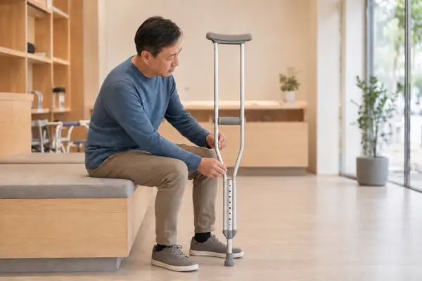 男子在輔具門市檢查一對腋下拐杖的高度調整結構