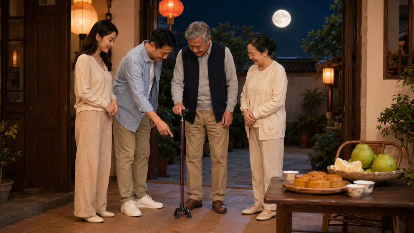 中秋陪長輩賞月 中秋賞月出門前兒女陪爸爸檢查站立式四腳拐杖
