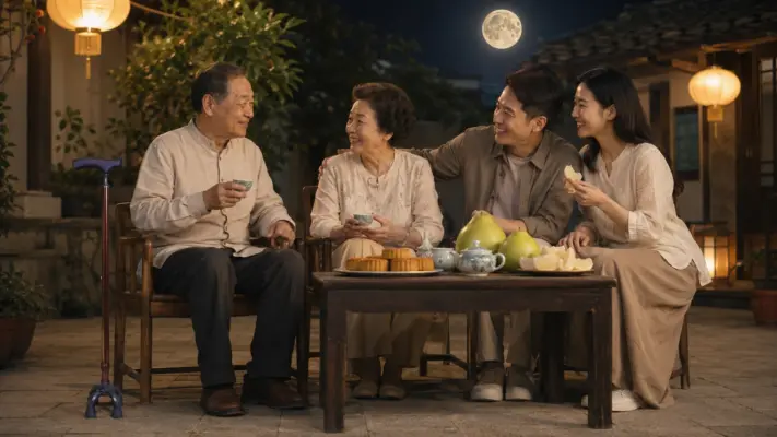 中秋月圓夜一家人在庭院陪父母吃月餅與柚子，站立式四腳拐杖放在爸爸身旁