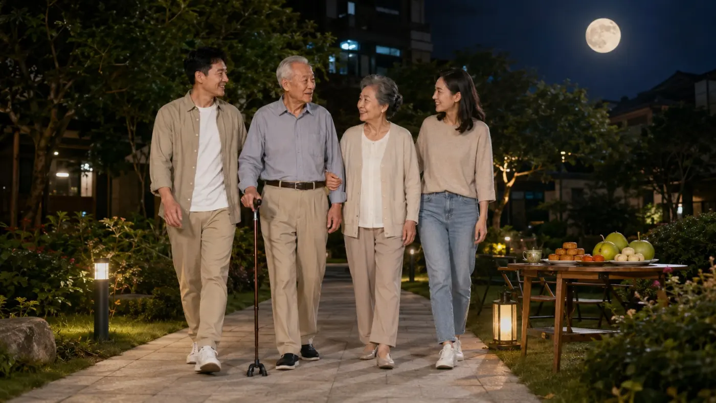 中秋陪長輩賞月 中秋夜晚兒女陪伴爸爸媽媽走在明亮步道,爸爸正確使用站立式四腳拐杖