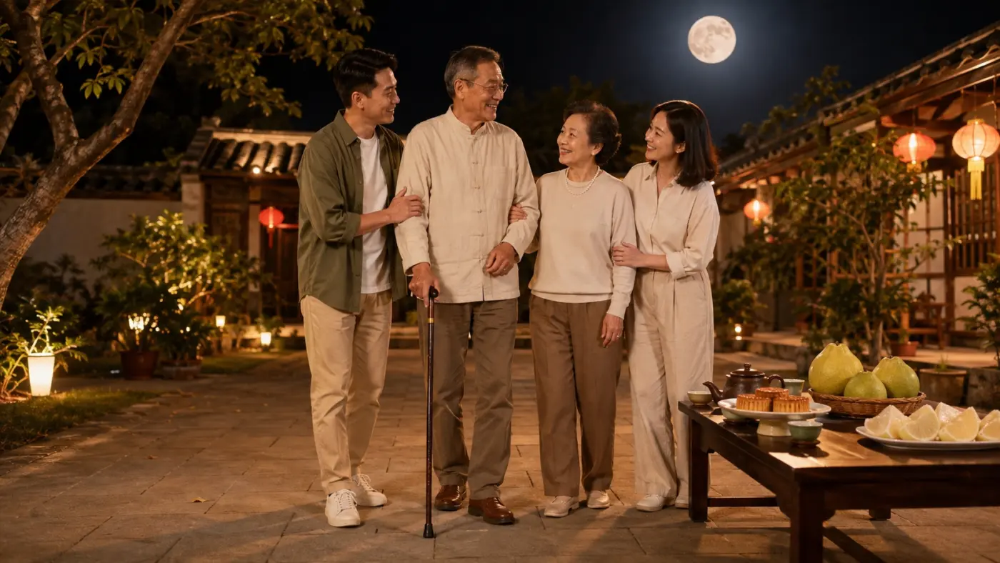 中秋陪長輩賞月 中秋節夜晚兒女陪伴使用站立式四腳拐杖的爸爸媽媽賞月,桌上擺有女兒盧靜慧準備的月餅與柚子