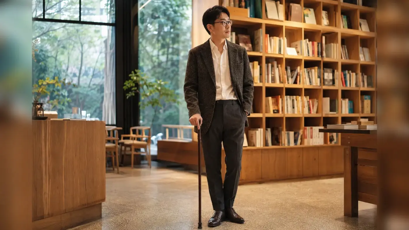 穿著簡潔的年輕男性使用木製紳士杖，兼顧行動需求與個人風格