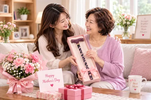 母親節女兒陪伴媽媽並贈送時尚步行杖作為貼心實用的母親節禮物