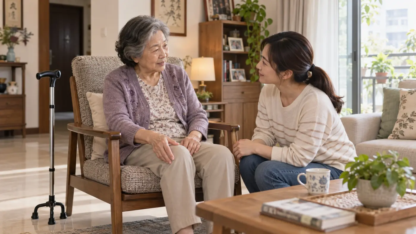 差點跌倒的觀察與處理 女兒在明亮客廳陪伴長輩談論走路失衡情況,旁邊放置日常使用的拐杖