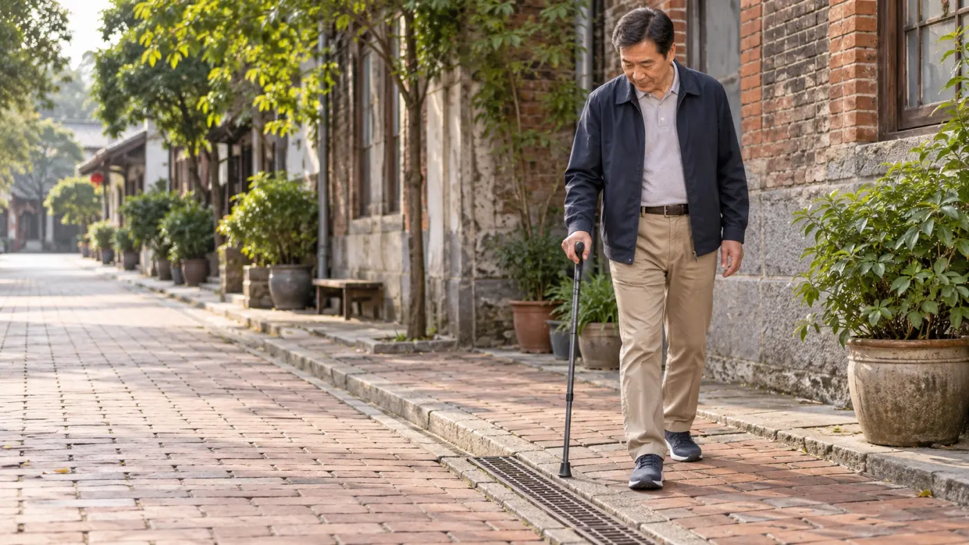 不同路面會怎麼影響拐杖? 熟齡男性在不平整磚面與排水溝旁確認拐杖的安全落點