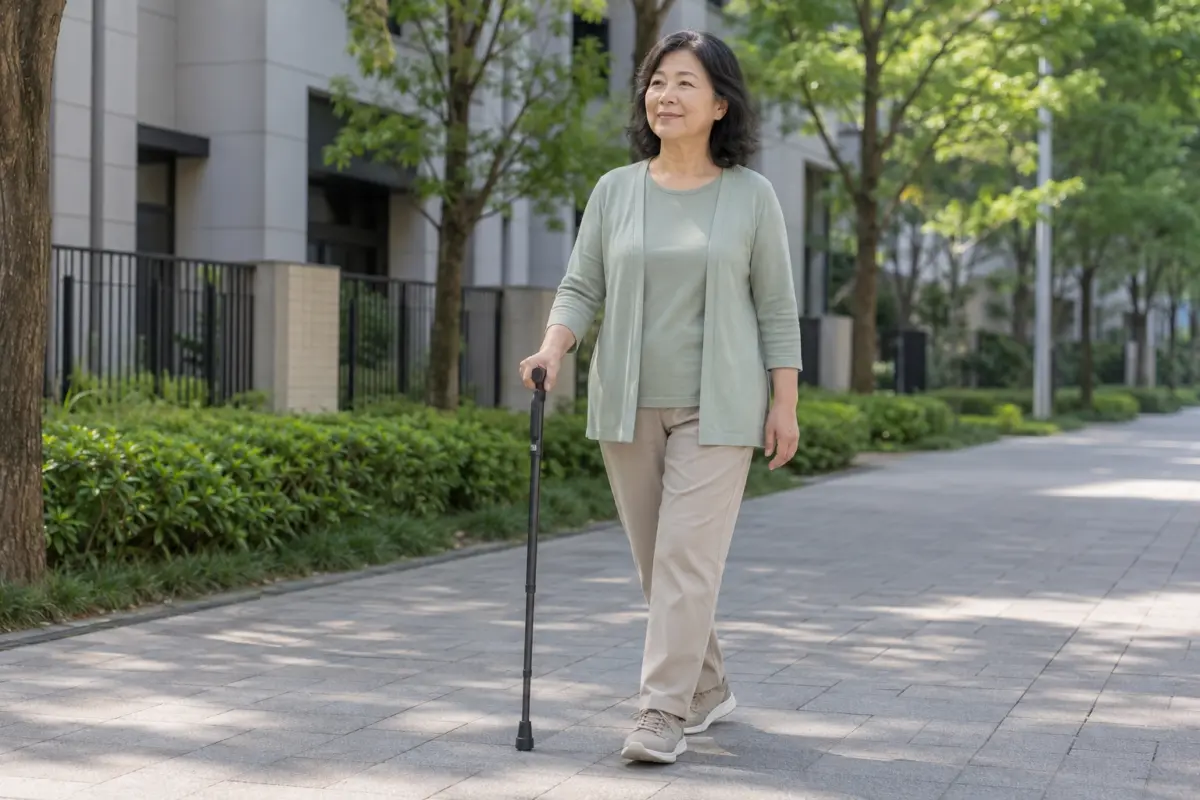 拐杖是什麼? 熟齡女性在戶外以正確高度使用單點步行手杖
